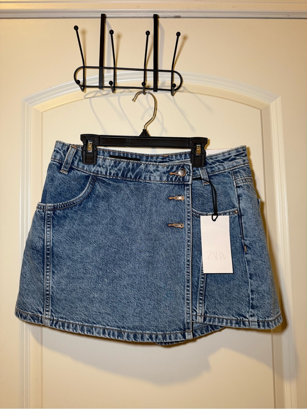 ZARA Light Blue Denim Mini Skort with Asymmetric Button Front
